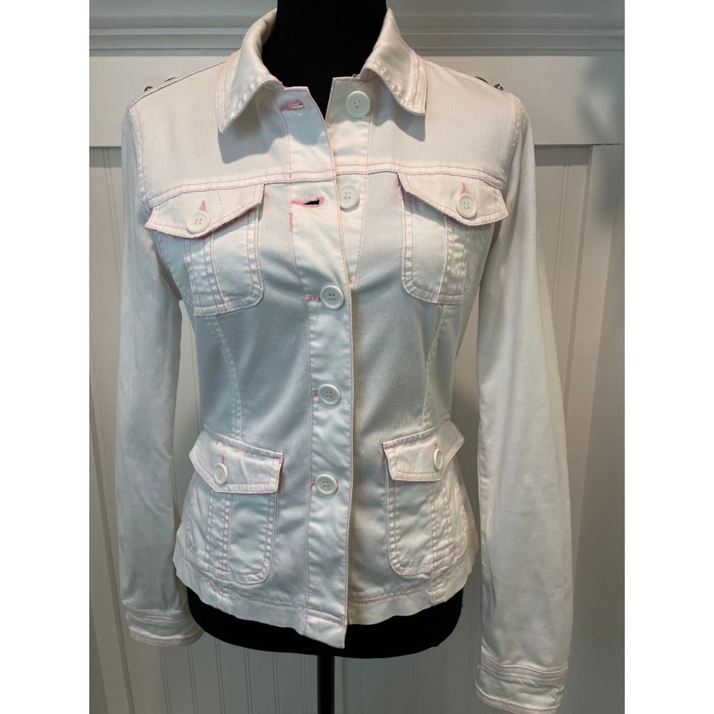 PLUGG Vintage Y2K White & Pink Stitched Button-Down Jacket – Girls Medium (8–10)